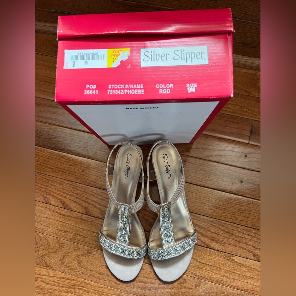 Silver slipper Sz. 9 Rose Gold wedge sandal